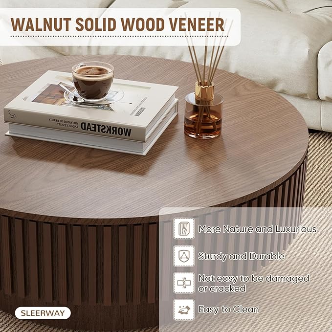 39.37'' Round Coffee Table with Storage, Modern Wooden Fluted Circle Coffee Table Unique Drum Center Table Wood Circular Tea Table for Living Room, Office, Small Apartment, Walnut