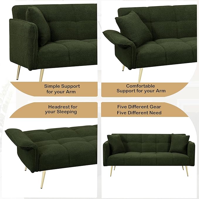 70 inch Upholstered Teddy Fleece Sofabed with Adjustable Arms and Backrest,Modern Convertible Futon Couch W/Metal Legs & Pillows,Love Sofa for Living Room,Bedroom,Apartment,Green, 70"