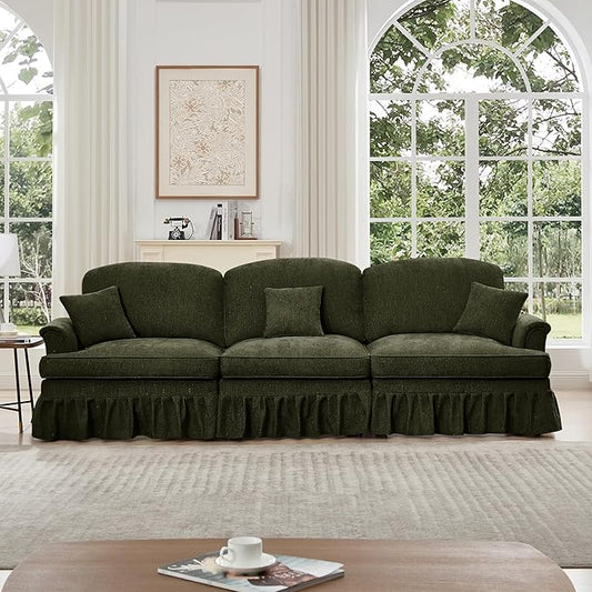 KEIKI Mid Century Modular Sofa with Flared Arms and Skirted Design, 107” Oversized 3-Seater Luxury Chenille Sectional Couches for Living Room, Big Comfy Couch Bedroom Furniture, Green