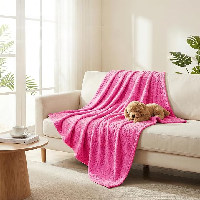 Exclusivo Mezcla Fleece Throw Blanket for Couch, Cozy Lightweight Blankets for All Season, Decorative Giftable Fuzzy Plush Wave Textured Throws for Women, Men, Hot Pink, 50x70 Inches