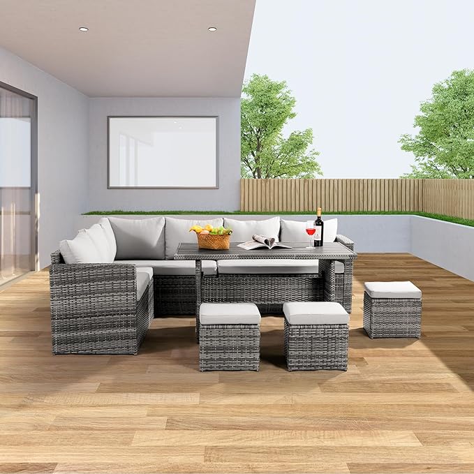 Patio Furniture Set, 7 Pieces Outdoor Patio Furniture with Dining Table&Chair, All Weather Wicker Conversation Set with Ottoman,Grey (Include Sofa Dust Cover)