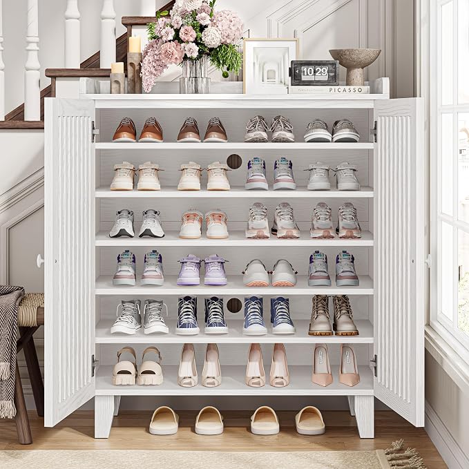 IRONCK Shoe Cabinet with Slatted Doors, 6-Tier Shoe Storage Cabinet with Adjustable Shelves, Wooden Shoe Rack Organizer for Entryway, Hallway, Closet, Living Room, White - Image 4