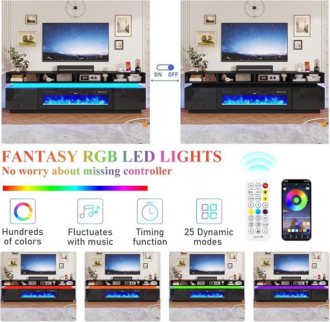 chartustriable Fireplace TV Stand for 100" TV, 93" LED Entertainment Center with 50" Fireplace & Power Outlets, High Gloss TV Stand, Gaming TV Media Console for Living Room, 93 Inch, Black - Image 5