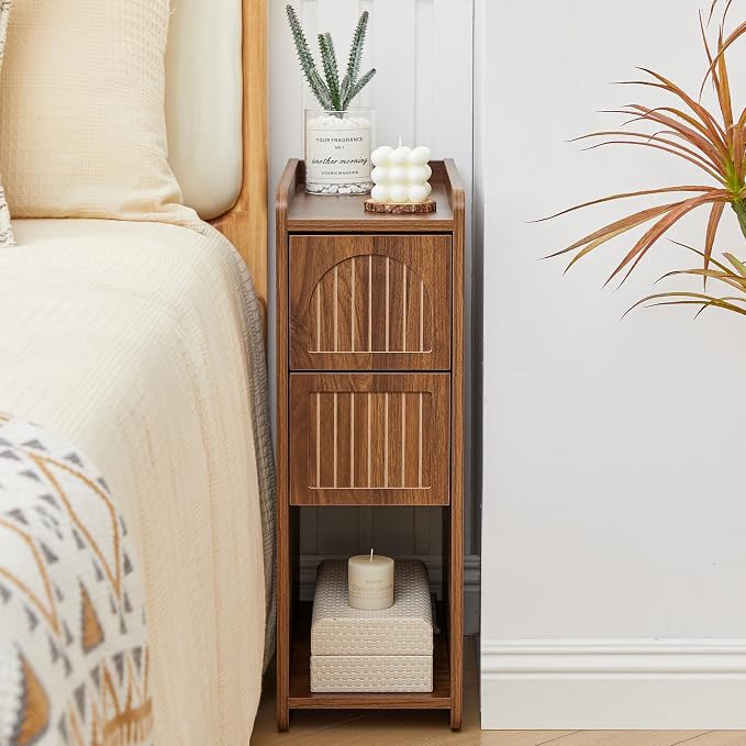FurSch Fluted Narrow Nightstand & Skinny Bedside Table for Bedroom, Thin Night Stand Side End Table with 2 Drawers and Open Shelf for Small Spaces (Walnut-1 pc) - Image 8