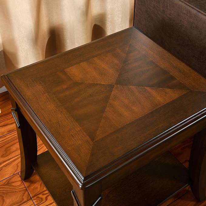 Solid Wood Side End Table with Storage Shelf, Mid-Century Sofa Beside Table with Splicing Top,Telephone Table for Living Room, 19.7"L x 17.9"W x 19.7"H Easy Assembly, Cherry Brown CJZ-DR200