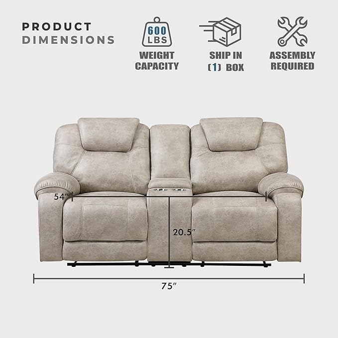 Lexicon Manual Double Reclining Loveseat, Polished Microfiber Manual Wall Hugger Loveseat Recliner for Living Room, Center Storage Console/Cup Holders/Pillow Top Arm, Easy Assembly, Pewter