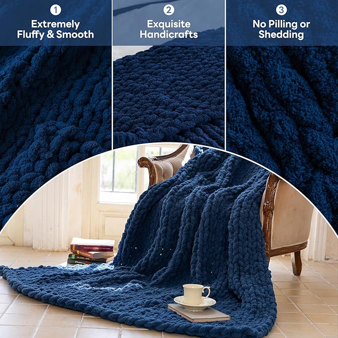 Chunky Knit Blanket - Luxury Soft Cozy 50 * 60 Throw Blanket,100% Woven Blanket Rope Knot Throw Blanket for Couch, Sofa, Home Decor, Gift - Machine Washable (Deep Blue, 50 * 60)