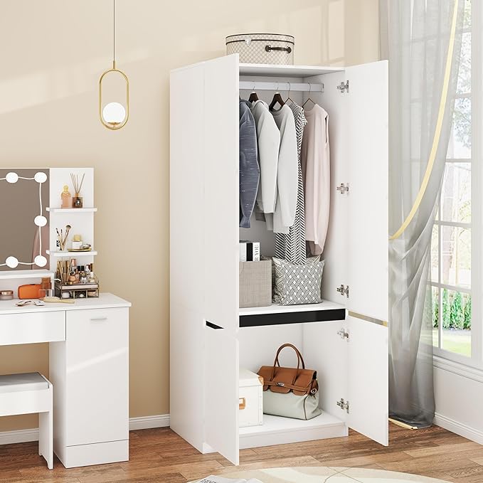 Armoire Wardrobe Closet with Doors: 75" White Large Wardrobe Closet with 2 Doors, Clothes Cabinets for Bedroom Armoires with Storage, Wood Wardrobes Closets for Hanging Clothes (C-Style, 31.5")