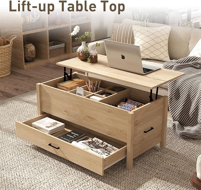 Bonzy Home Lift Top Coffee Table, Wooden Center Table with 3 Drawers and Hidden Compartments, Rectangle Coffee Table for Living Room, Natural Oak