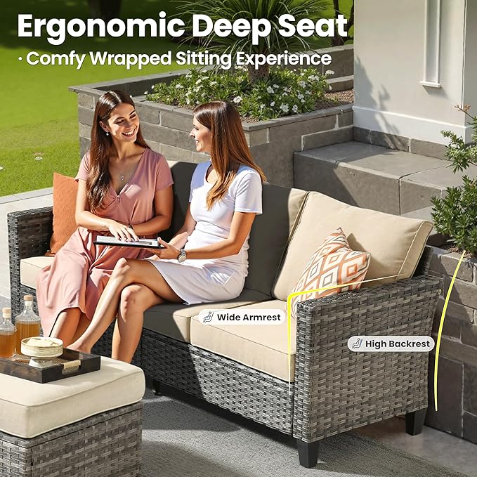 ovios Patio Furniture Set, 5 Pieces Outdoor Wicker Sofa Couch with Chairs, Ottomans and Comfy Cushions, All Weather High Back Rattan Conversation Set, Beige