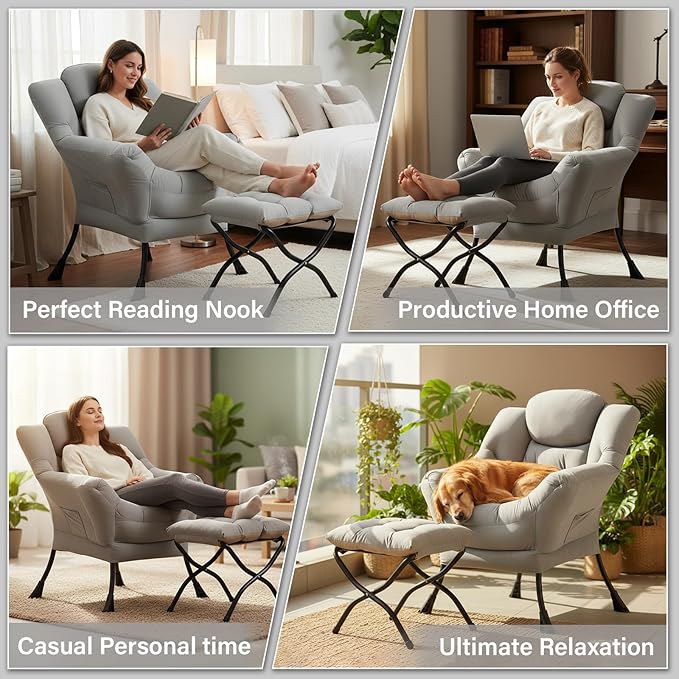Cozy Lazy Chair and Ottoman, Large Light Grey Contemporary Accent Chair Set, Leisure Upholstered Reading Armchair for Office, Bedroom, Living Room, Dorm Rooms, Balcony