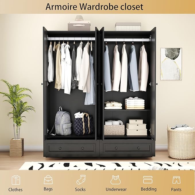 Armoire Wardrobe Closet with Drawer: Bedroom Wardrobe Closet for Hanging Clothes, Wood Cabinet for Clothes with Doors, Armoire with Shelves (Black, 63")