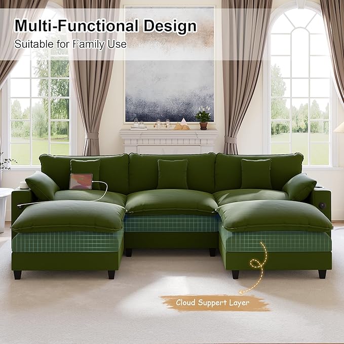 116" Modular Sectional Sofa, U Shaped Cloud Couch with Movable Ottoman, Chenille Deep Seat Cloud Sofa with Charging Station, Cup Holder, Side Pocket, Sectional Couches for Living Room, Green