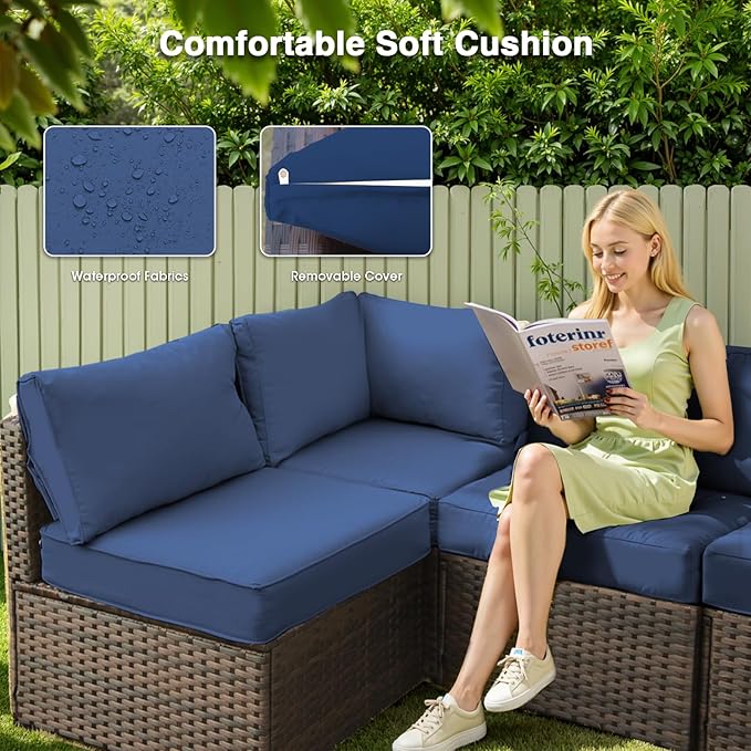 15 Piece Patio Furniture Set with Fire Pit Table All Weather PE Rattan Outdoor Sectional Sofa Couch with No-Slip Cushions and Glass Top Tables for Garden, Poolside, Backyard (Blue)