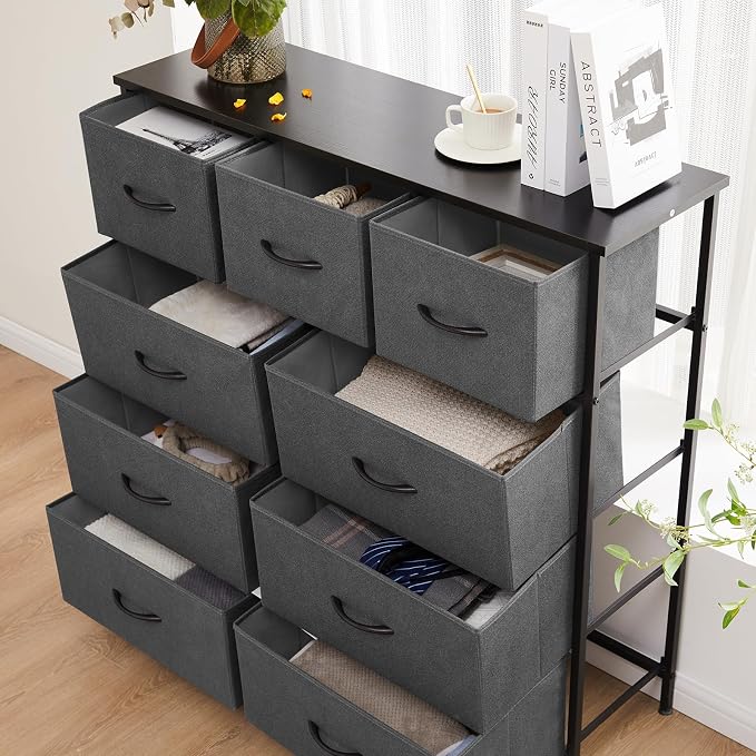 Sweetcrispy 9 Drawer Fabric Dresser Tall Chest Storage Organizer Tower with Cabinet Metal Frame and Wood Top Lightweight Closet Furniture for Bedroom,Charcoal Grey - Image 5