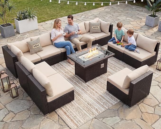 BULEXYARD 11 Piece High Back Wicker Patio Furniture Sets with Fire Pit, Luxury Plus Size Outdoor Seating Set, Comfortable Extra Wide Deep 10-Seater Sectional Couch Sofa for Outside, Brown & Beige