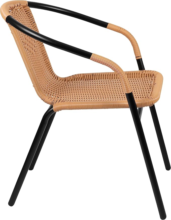 EMMA + OLIVER Set of 4 Modern Rattan Indoor/Outdoor Stack Chairs, Stacking Rattan Patio Chairs with Curved Back and Cross Bracing, Beige - Image 8