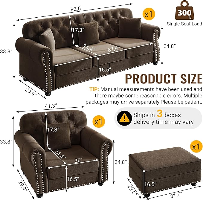 KEIKI 2-Piece Chesterfield Sofa Set with 1 Velvet 3-Seater Sofa & 1 Single Sofa, Upholstered 4-Seater Couch Set with Nailhead Trim & Rolled Arms & 1 Ottoman & 4 Pillow, for Living Room, Brown