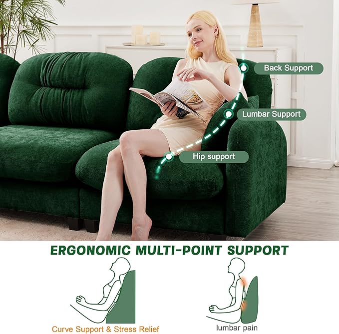 KEIKI 74" L-Shaped Oversized Chenille Modular Sectional Loveseat Sofa with 1 Ottoman, High-Density Foam Cushions, Tufted Pleated Cushion Backrest, 2-Seater Couch with 2 Pillow, for Living Room, Green