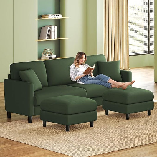 83" Couches for Living Room, Comfy Sofas for Living Room with Storage Ottomans, Teddy Sofa Couch, Tool-Free Loveseat Sofa, All-Wood Love Seat Couches, U Shaped Couch 2 Pillow Included, Green