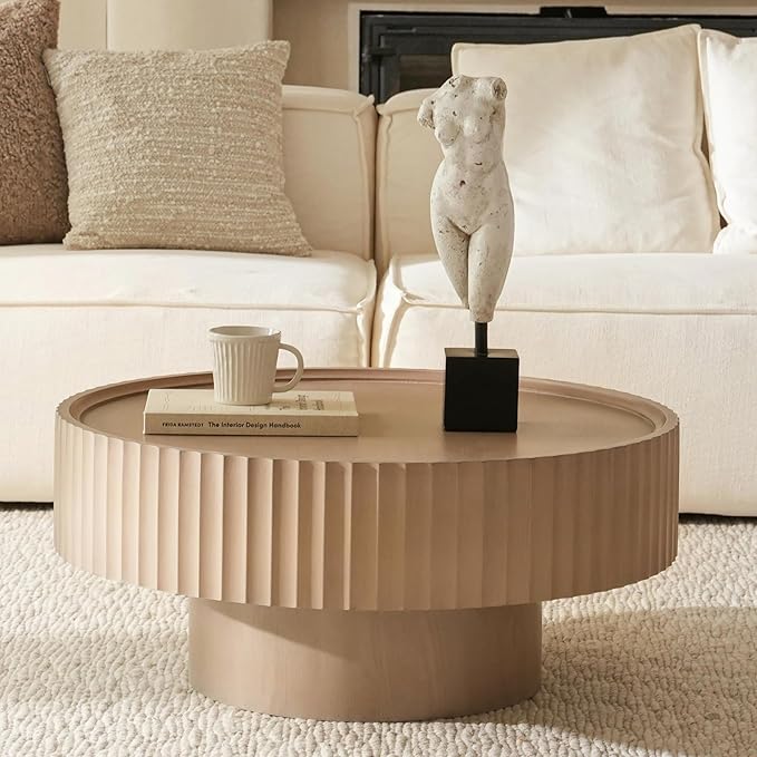Round Coffee Table, 30.3in Modern Living Room Table, Fluted Drum Circle Tea Table with Storage, Accent Center Tables for Living Room, Apartment, Small Space(30.3''L×13.7''H)