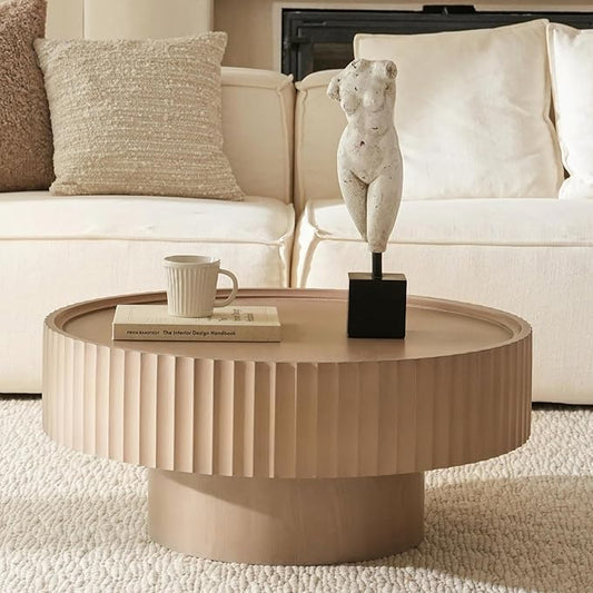 Round Coffee Table, 30.3in Modern Living Room Table, Fluted Drum Circle Tea Table with Storage, Accent Center Tables for Living Room, Apartment, Small Space(30.3''L×13.7''H)