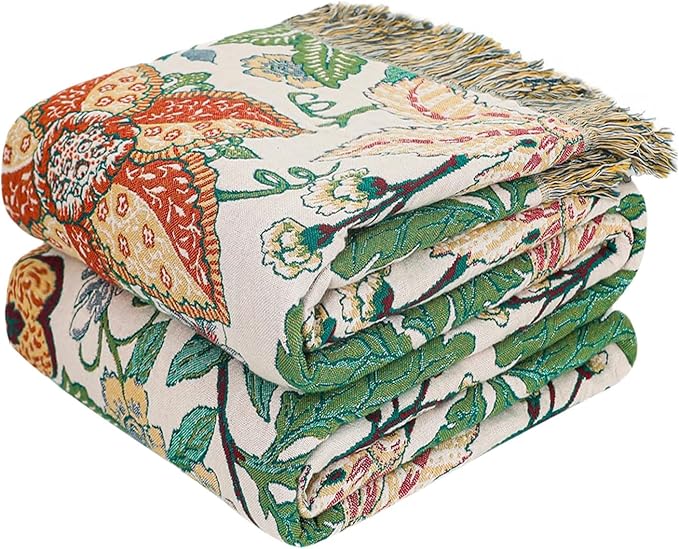 Boho Throw Blanket - 60"x80" 100% Cotton Soft Breathable Lightweight Bed Blanket, Reversible Muslin Spring Blankets Green Floral Farmhouse Decor Rustic Quilt for Bed Couch