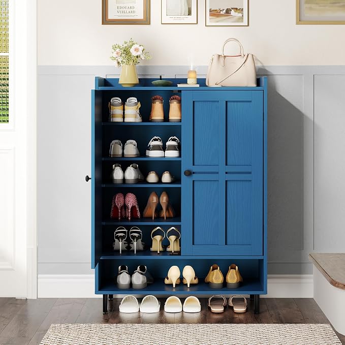 ONBRILL Shoe Cabinet with Cross Molding Doors, 6-Tier Shoe Storage Cabinet with 3 Adjustable Shelves and Metal Legs, 45'' Tall Shoes Rack Organizer Cabinet for Entryway, Front Door, Blue - Image 7