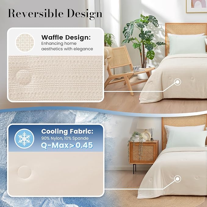 Amélie Home Waffle Cooling Comforter Queen Size, Q-Max 0.45 Reversible Lightweight Cooling Blanket for Hot Sleepers, Breathable Bedding for Night Sweats, 90"x90", Beige