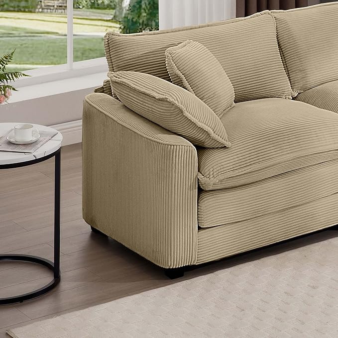 KEIKI 80" L-Shaped Oversized Corduroy Modular Sectional Loveseat Sofa with 1 Ottoman, High-Density Foam Cushions, Removable Armrests, Upholstered 2-Seater Couch with 4 Pillow, for Living Room, Tan