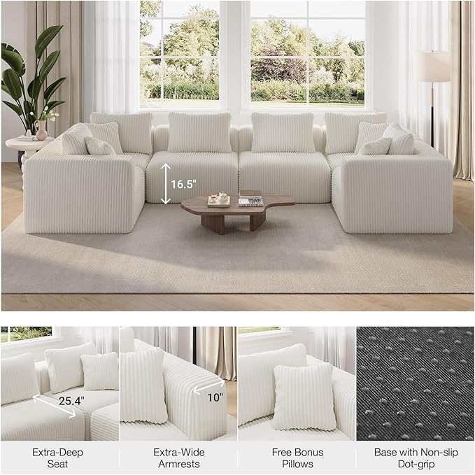 Novilla 141" Modular Sectional Sofa, Modern Cloud Sectional Couch with Smarts Coil® Support, U-Shape Boneless Couch for Living Room Apartments, No Assembly Required, Beige (4 Seat w/ 4 Ottoman)