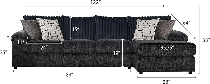 Roundhill Furniture Nason Wide Wale Corduroy Sectional Sofa Chaise, Charcoal