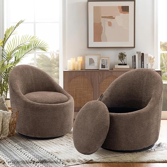 COLAMY Swivel Accent Chair Set of 2, 360° Swivel Chair with Hidden Storage, Modern Small Barrel Swivel Armchair for Living Room/Bedroom, Brown