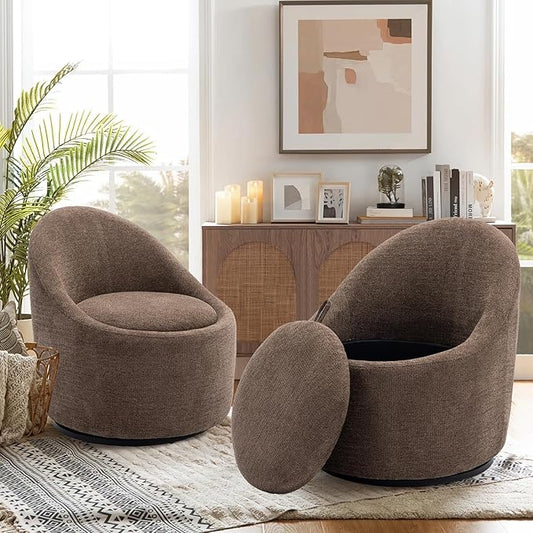 COLAMY Swivel Accent Chair Set of 2, 360° Swivel Chair with Hidden Storage, Modern Small Barrel Swivel Armchair for Living Room/Bedroom, Brown