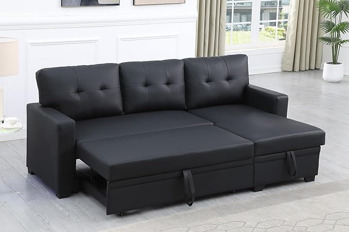 ERYE 82-inch Pull Out Sleeper Couch Bed, L-Shaped Reversible Sleeper Sectional Sofa Faux Leather Tufted Upholstered Corner Convertible Sofa Bed with Storage Chaise