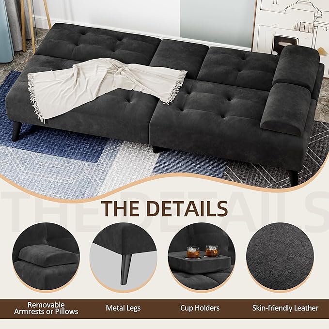 Shintenchi Futon Sofa Bed, Velvet Foldable Couch, Reclining Sleeper with Removable Armrests, Upholstered Loveseat Sofa Couch with Folding Cup Holders for Home, Office(Black)