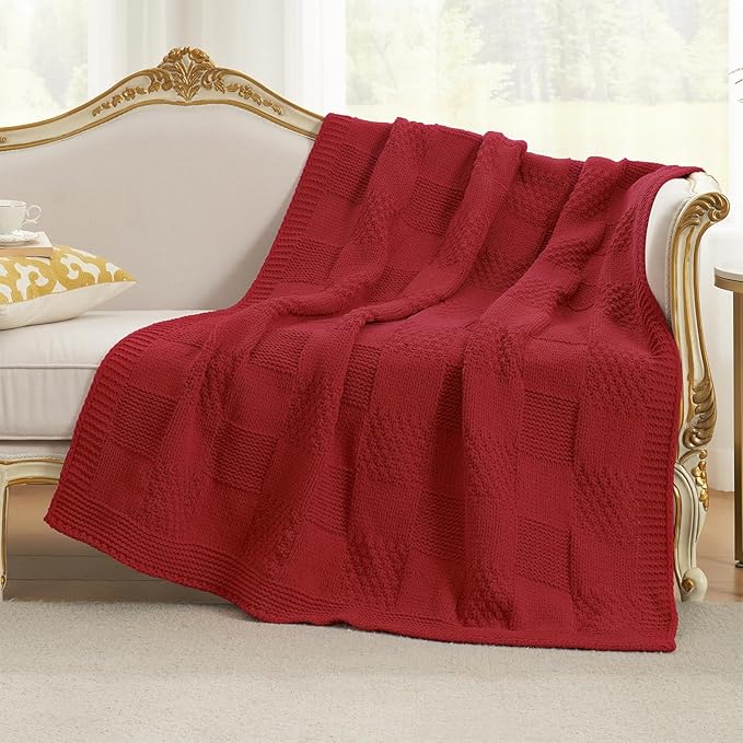 Amélie Home Knit Throw Blanket, Soft Chenille Cozy Breathable Checkered Chunky Decorative Blanket for Couch, Bed & Sofa, French-Inspired Lightweight Warm Gift for Women, Christmas Red, 50"x60"