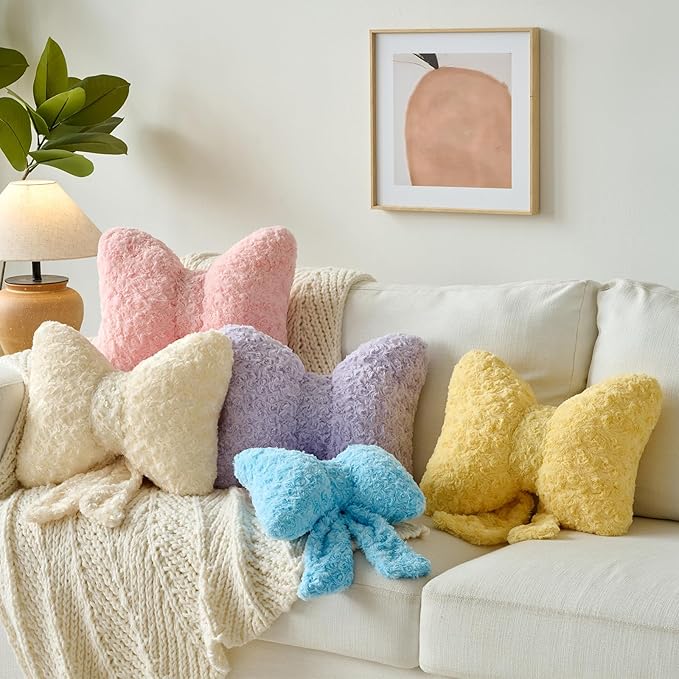 Bow Pillow, Decorative Bow Pillows with Soft Plush for Couch Bed, Bow Shaped Throw Pillow Room Decor for Bedroom, Bow Decorative Pillow for Living Room (Lavender Purple, Large-16 Inches)