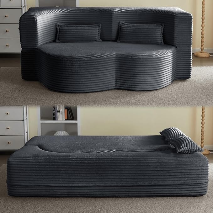 Ball & Cast 78" Convertible Sleeper Sofa Bed with Pillows, Corduroy Folding Mattress Couch Bed, Floor Futon Sofa Comfy Compressed Cloud Couch for Living Room,Dark Grey
