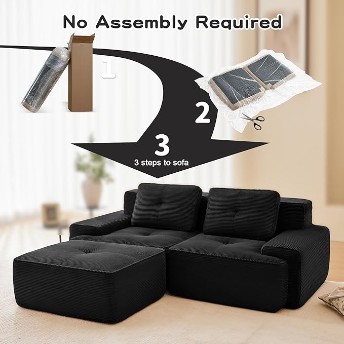 Casaphoria 80" Black Corduroy Cloud Couch, Boneless Modular Sectional Sofa for Living Room with Deep 2-Seat & 1-Ottoman, L Shape Cloud Couch No Assembly Required
