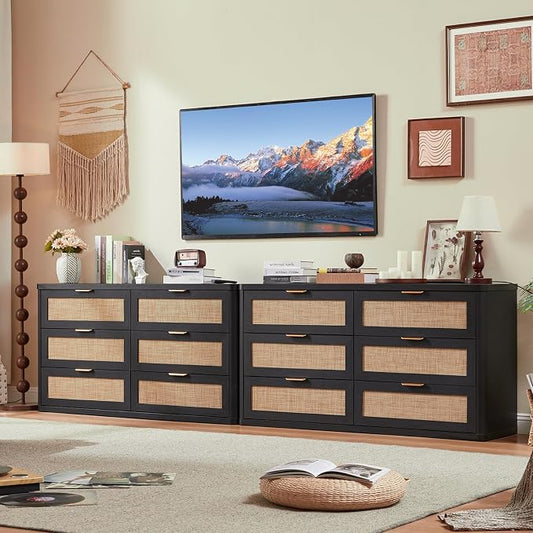 LEYAOYAO Rattan 6 Drawer Dresser for Bedroom Set of 2, Boho 54" Wide Black Dresser Chest of Drawers, Dressers TV Stand with Metal Handle, Storage Dressers Closet Organizer for Living Room, Hallway by LEYAOYAO-Findtheshiningpointofyourideallife%EF%BC%81
