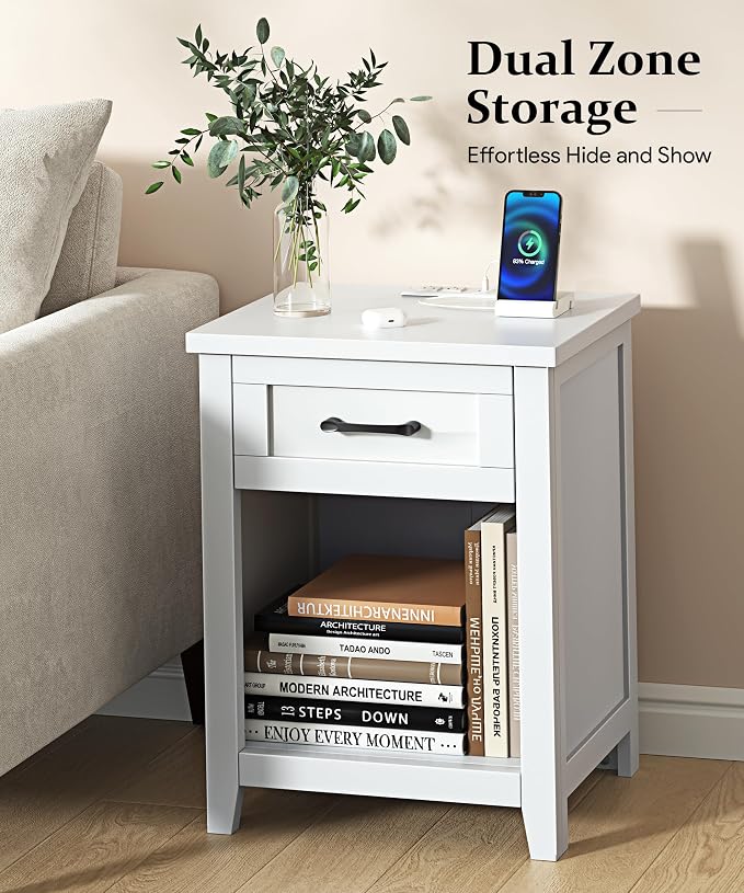 Decofy Farmhouse Nightstand with Charging Station & Large Storage, Set of 2 Modern End Tables with Outlets, USB Ports and Type-C Ports, Easy Assembly for Bedroom (Pure White) - Image 5