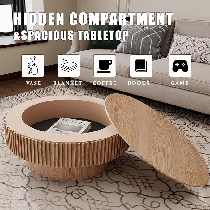 31.5'' Small Round Coffee Table with Storage, Fluted Coffee Table with Solid Wood Veneered, Mid Century Modern Wooden Center Table, Accent Tea Table for Small Space Living Room Apartment, Natural