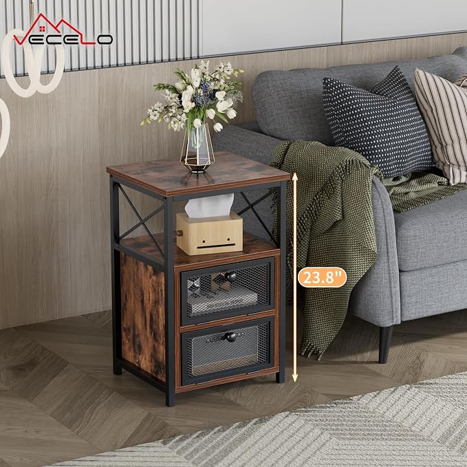 VECELO End Table with flip Drawer and X-Design Side, Modern Style and studry Nightstand for Bedroom Office, Easy Assembly,Set of 2,Rustic Brown - Image 2