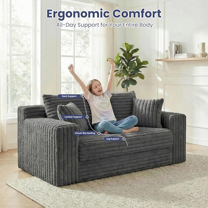 3-in-1 Convertible Sofa Bed: Boneless Loveseat Sleeper & Folding Couch Bed with 4 Pillows & Detachable Cushion, Furry Futon Couch for Bedroom, Apartment, Office and Living Room, No Assembly, Grey