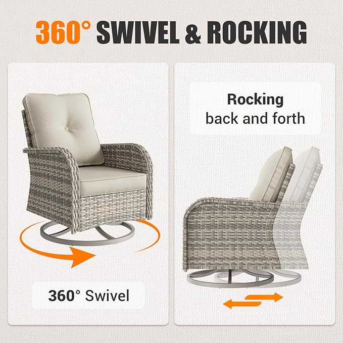 11-Piece Outdoor Patio Furniture Set with Rocking Swivel Chair, Wicker Rattan Sectional Sofa Conversation Set with 55,000 BTU Fire Pit Table, Backyard Furniture, White