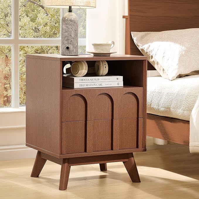 Oak&Sparrow Nightstand with Charging Station, Mid Century Modern Arched Bedside Table, 2 Drawer Wood End Table for Bedroom, Walnut by OakSparrow