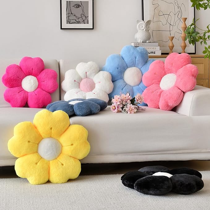 Flower Shaped Pillow, Cute Decorative Throw Pillow with Soft Artificial Rabbit Fur for Couch Bed Chair Floor, Flower Pillows Seating Cushions with Room D??cor for Bedroom Living Room (14.9" Blue)