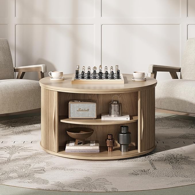 31.5" Round Lift Top Coffee Table with Hidden Storage, Oak Drum Coffee Table for Living Room, Wood Fluted Design Center Table for Small Apartment & WFH