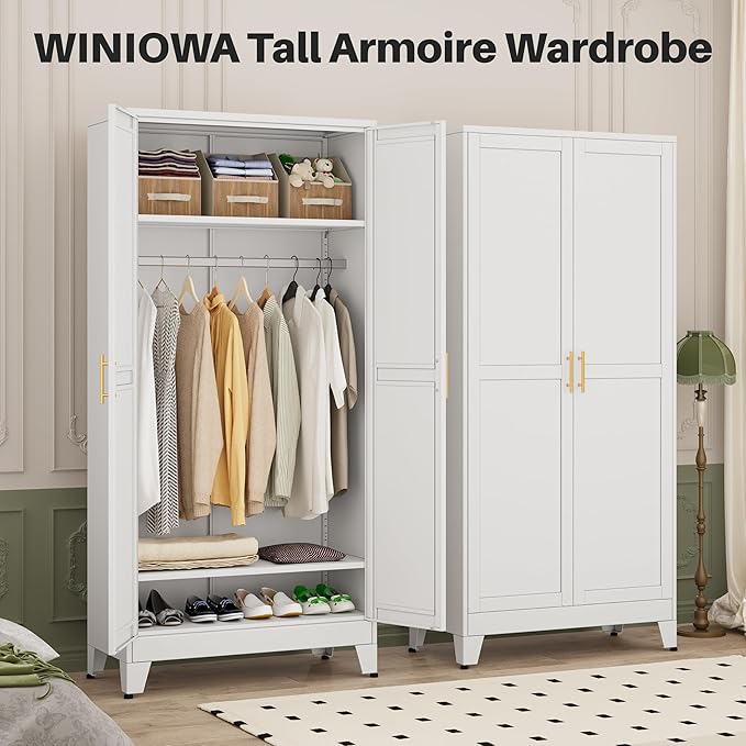winiowa Metal Armoire Wardrobe Closet with 2 Doors, 71" Wardrobe Cabinet with Adjustable Shelves and Hanging Rod, Clothing Storage Cabinet Closet for Bedroom-White